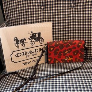 Coach Anna Red and Orange Animal Print fold over  Crossbody Bag